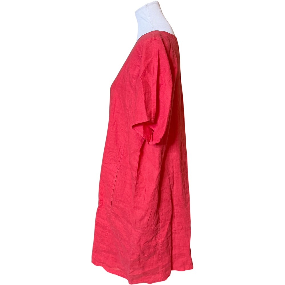 Eileen Fisher Shift Dress Womens Medium Red Organic Linen Short Sleeve Midi S23 - Picture 3 of 9